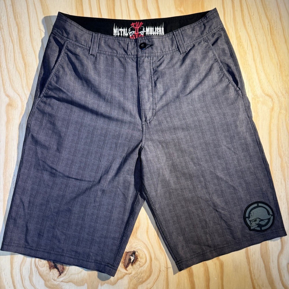 Metal Mulisha Men's Pinstripe Board Shorts Grey Skull Logo Swim Trunks Size 34